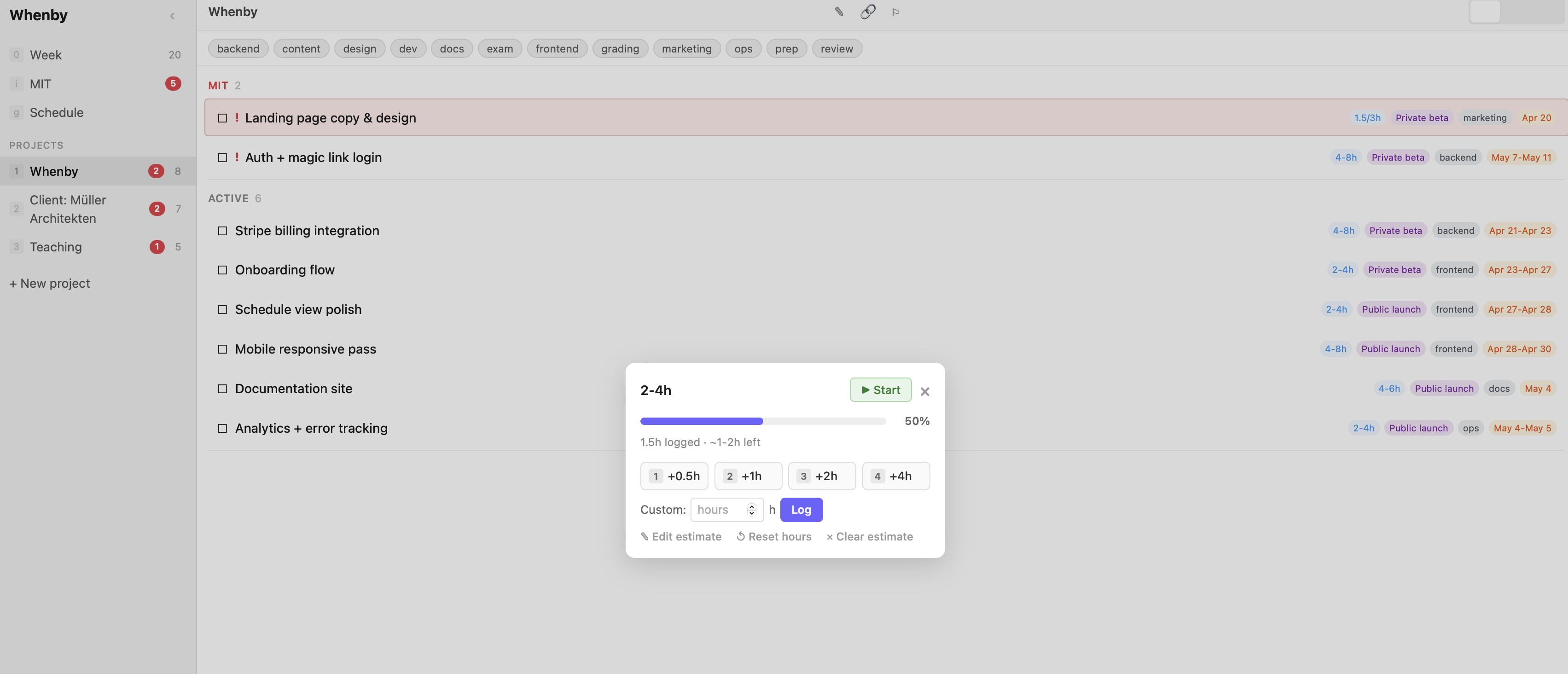 Whenby estimate popover with progress bar, quick-log buttons, and scheduled dates