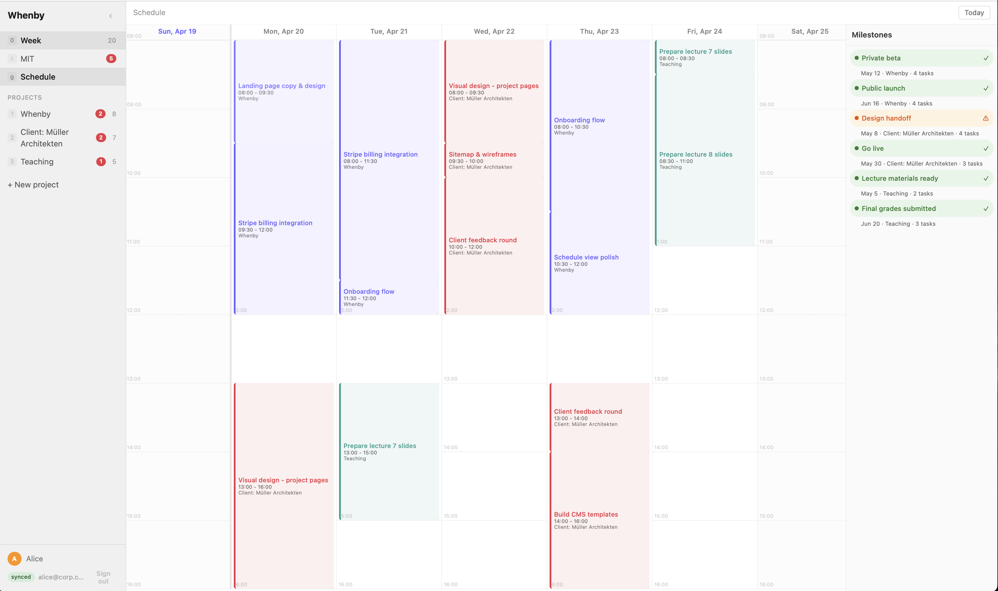 Whenby schedule view — tasks filling into time blocks across the week, with milestone risk sidebar