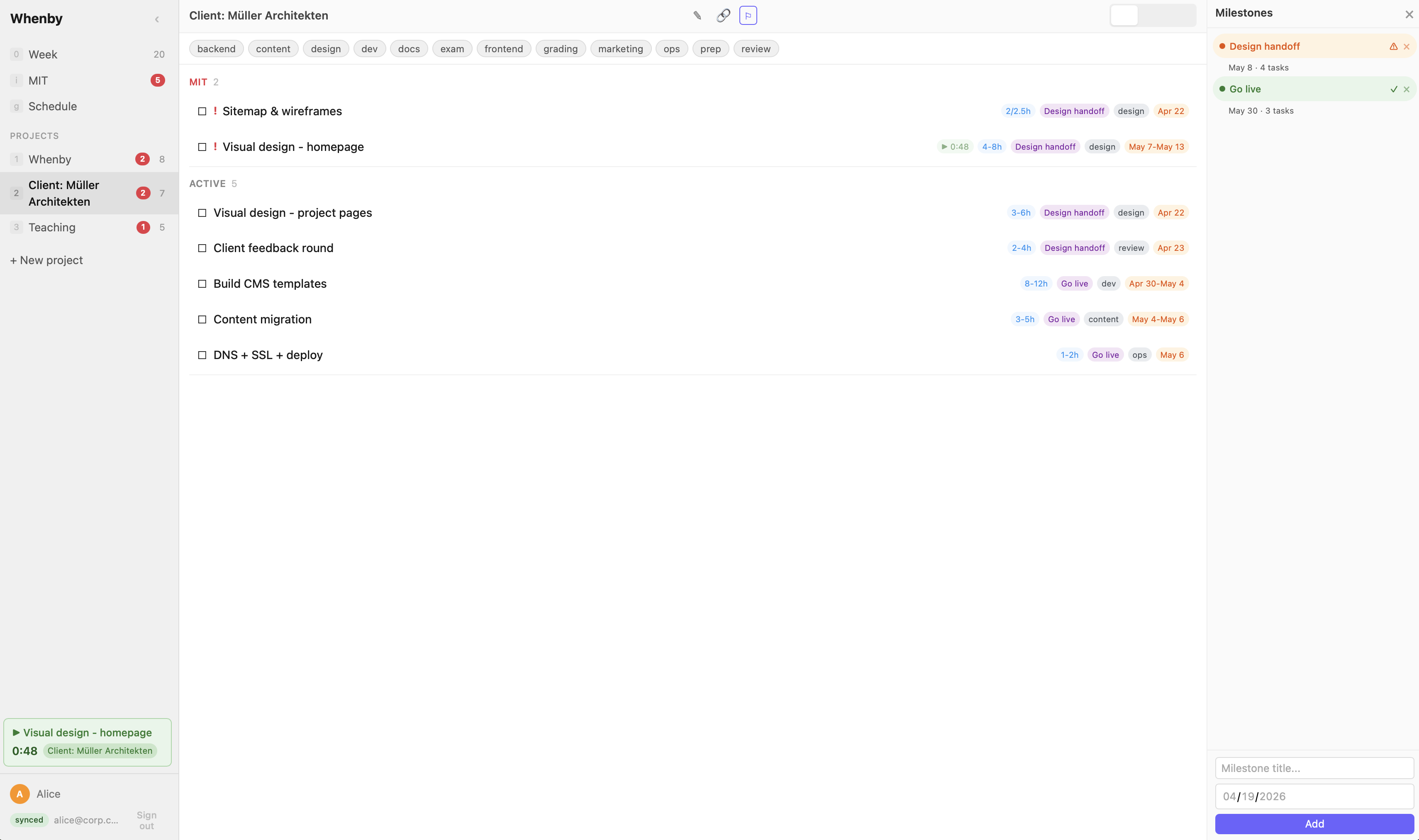 Whenby milestone sidebar showing Design handoff at risk and Go live on track
