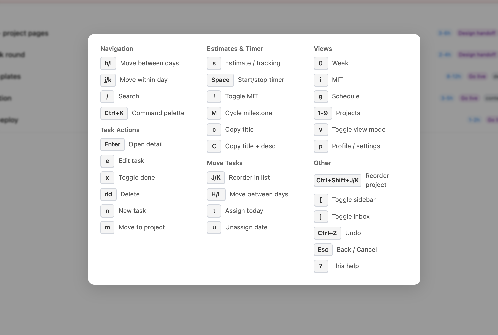 Whenby keyboard shortcuts — 3-column layout showing all available shortcuts