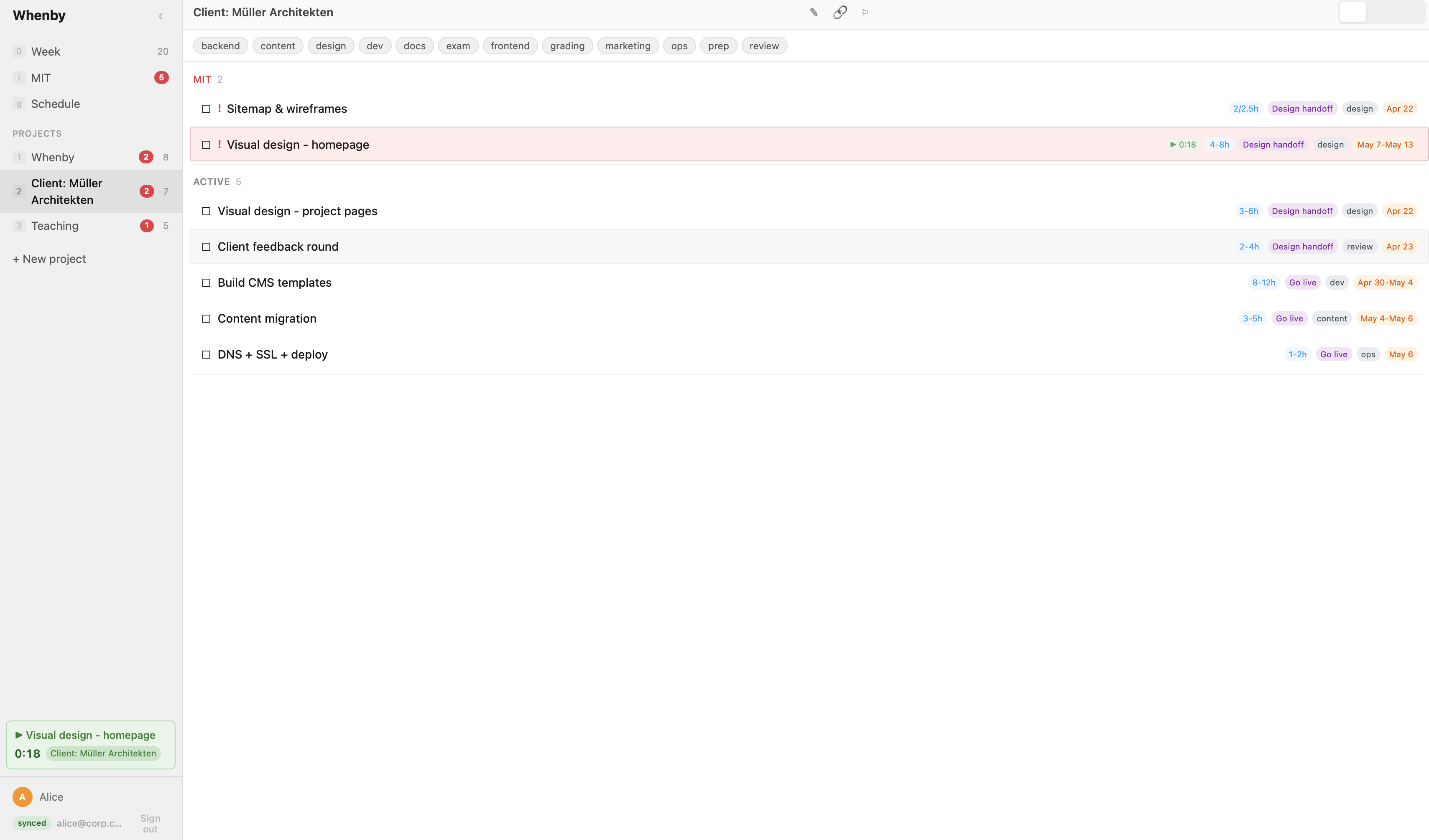 Whenby timer running on a task, with sidebar widget showing elapsed time and project